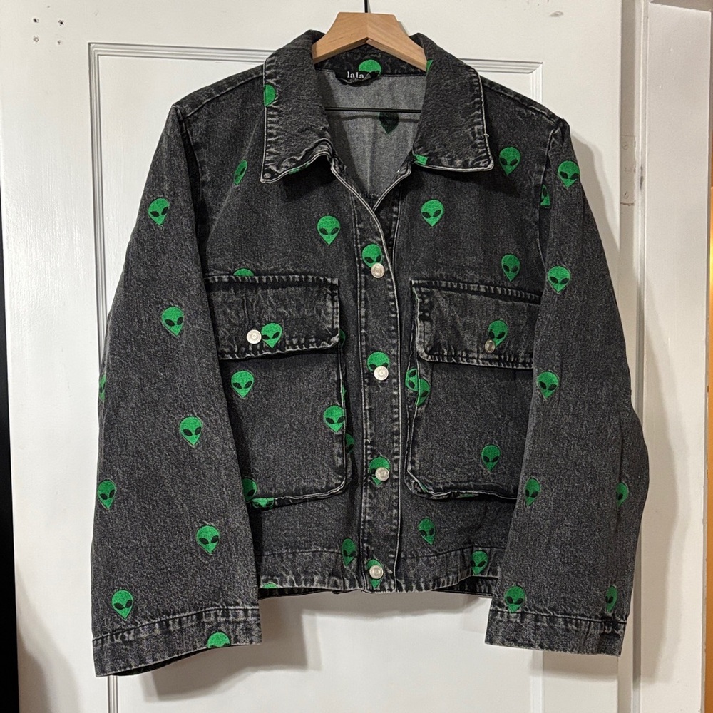 Dressed in LALA - Black Denim Jacket with Green Alien Embroidery